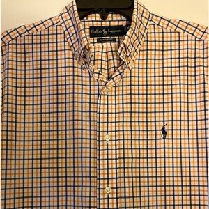 Ralph Lauren 100% Linen Orange Blue Check Size M Short Sleeve .